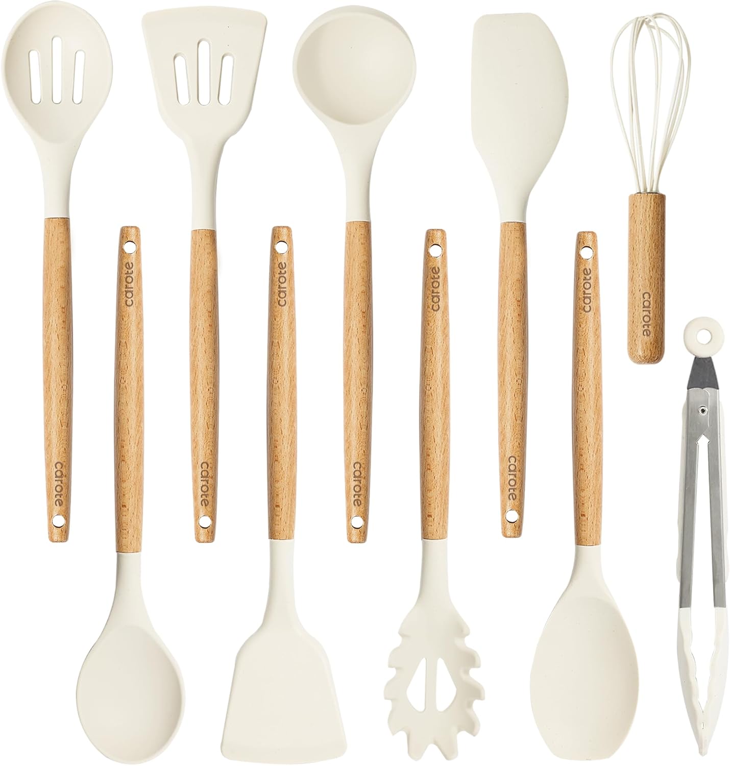 set of 8 kitchen utensils with wooden handles